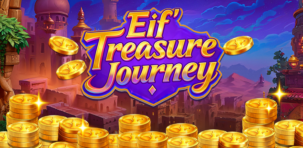 Elf's Treasure Journey fantasy city and golden coin banner